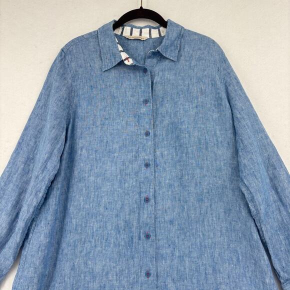 Soft Surroundings Linen Tunic Shirt Dress Size M Blue Button Front Long Sleeve - Picture 2 of 10